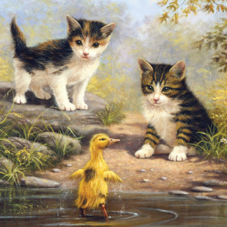 Kifestő készlet akrilfestékkel, ecsettel, gyerekeknek 11 éves kortól - 30x40 cm - Cicák kiskacsával