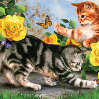Kifestő készlet akrilfestékkel, ecsettel, gyerekeknek - 30x40 cm - Számos kifestő készlet - Cicák játszanak sárga rózsák között