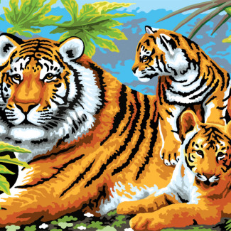 Kifestő készlet akrilfestékkel, ecsettel, gyerekeknek 11 éves kortól - 30x40 cm - Tigris és kölykei