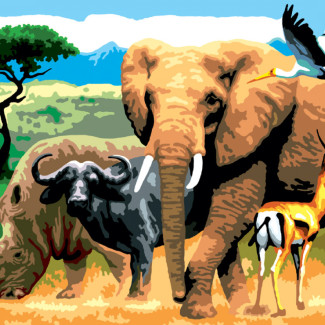 Kifestő készlet akrilfestékkel, ecsettel, gyerekeknek 11 éves kortól - 30x40 cm - Afrikai állatok