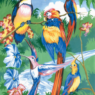 Kifestő készlet akrilfestékkel, ecsettel, gyerekeknek 8 éves kortól - 20x25 cm - Trópusi madarak