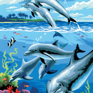 Kifestő készlet akrilfestékkel, ecsettel, gyerekeknek 8 éves kortól - 20x25 cm - Delfinek