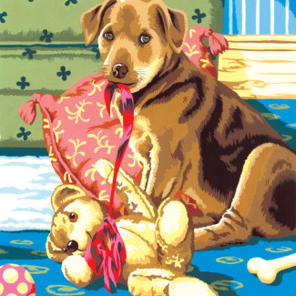 Számozott kifestő készlet akrilfestékkel, ecsettel, gyerekeknek 8 éves kortól - 20x25 cm - Kiskutya játék mackóval