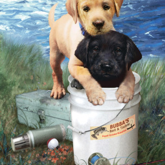 Számoztt kifestő készlet akrilfestékkel, ecsettel, gyerekeknek 8 éves kortól - 20x25 cm - Labrador kölykök a tóparton