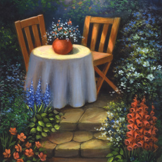 Kifestő készlet vászonra, akrilfestékkel, ecsettel, felnőtteknek - 28x36 cm - Kerti asztal