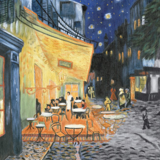 Kifestő készlet vászonra, akrilfestékkel, ecsettel, felnőtteknek - 28x36 cm - Kávéházi terasz (Van Gogh: Éjjeli terasz, 1888)