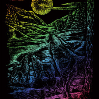 Képkarcoló készlet karctűvel - 20x25 cm - Szivárványos - Farkasok teliholdnál