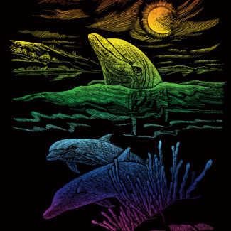 Képkarcoló készlet karctűvel - 20x25 cm - Szivárványos - Delfinek