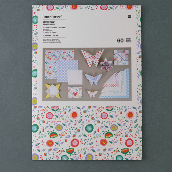 Origami papír - 60 lapos készlet - Romantikus virágok, 12 minta