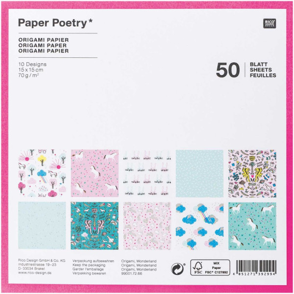 Origami papír 15x15 cm - 50 lapos készlet - Csodák, 10 féle design Origami papír 15x15 cm - 50 lapos készlet - Csodák, 10 féle design