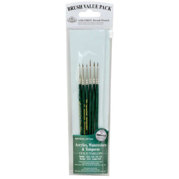 Ecsetkészlet - Taklon, vékony hegyes escetek - 6db - Visszazárható cipzáras ecsettartóban