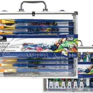 Nagy akrilfestő készlet elegáns kétoldalas átlátszó alumínium táskában - Royal - 32 részes készlet, kb. 37x29x6 cm