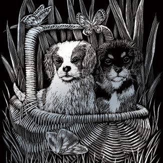 Képkarcoló készlet karctűvel - 20x25 cm - Ezüst - Spániel kölykök