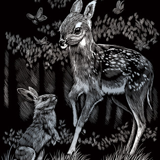 Képkarcoló készlet karctűvel - 20x25 cm - Ezüst - Nyuszi és őzike