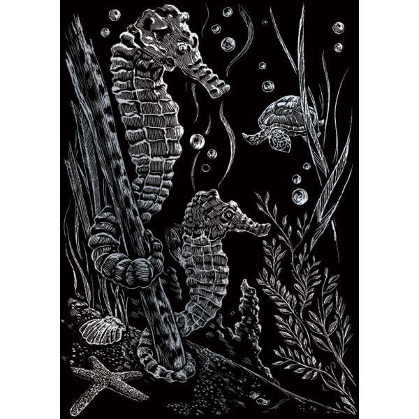 Képkarcoló készlet karctűvel - 13x18 cm - Ezüst - Tengeri csikók