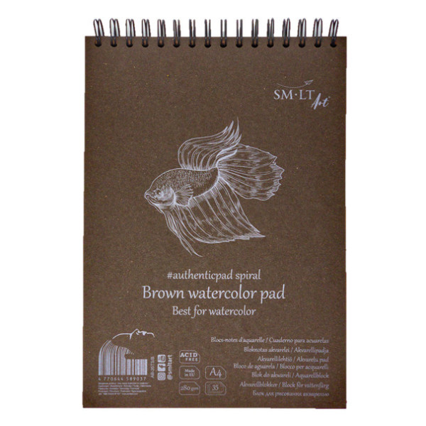 Vázlattömb - SMLT Brown watercolor authenticpad, spirálos - barna, 280gr, 35 lapos A4