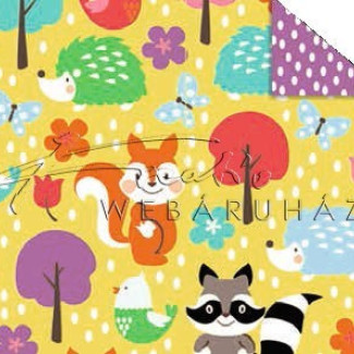 Kétoldalas mintás karton - "Mesevilág" Erdei állatok mintás karton sárga háttérrel, mókus, mosómaci figurákkal, 29,5x20cm, 1 lap