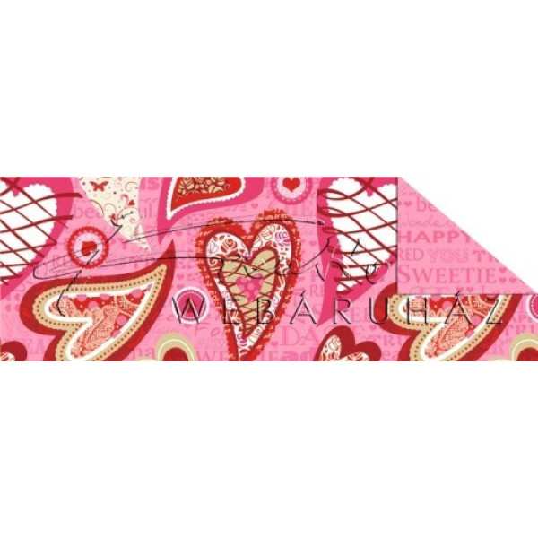 Kétoldalas mintás karton - Díszített szívek, rózsaszín feliratok mintás karton, 29,5x20cm, 1 lap