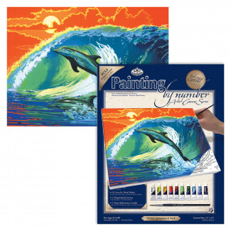 SZÁMOZOTT KIFESTŐ KÉSZLET VÁSZONRA, AKRILFESTÉKKEL, ECSETTEL - 28X36 CM - DELFINEK ÉS HULLÁMOK