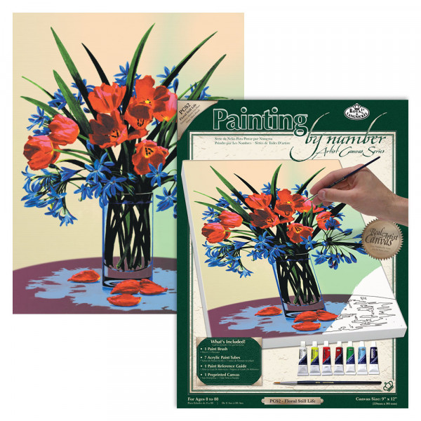 SZÁMOZOTT KIFESTŐ KÉSZLET VÁSZONRA, AKRILFESTÉKKEL, ECSETTEL - 23 X 30 CM - VIRÁGCSENDÉLET