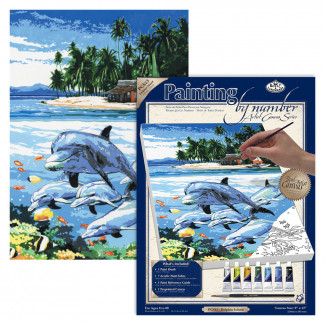 SZÁMOZOTT KIFESTŐ KÉSZLET VÁSZONRA, AKRILFESTÉKKEL, ECSETTEL - 23 X 30 CM - DELFINEK