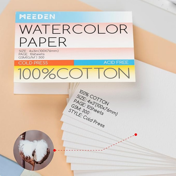 MEEDEN MINI AKVARELLPAPÍR 100 % PAMUT 10X7,5 CM HIDEGEN SAJTOLT, 300 GR, 10 LAP