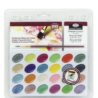 Gyöngyházfényű akvarell festékkészlet ecsettel és akvarell tömbbel - Gombos akvarellkészlet áttetsző csomagolásban - 24 színű készlet