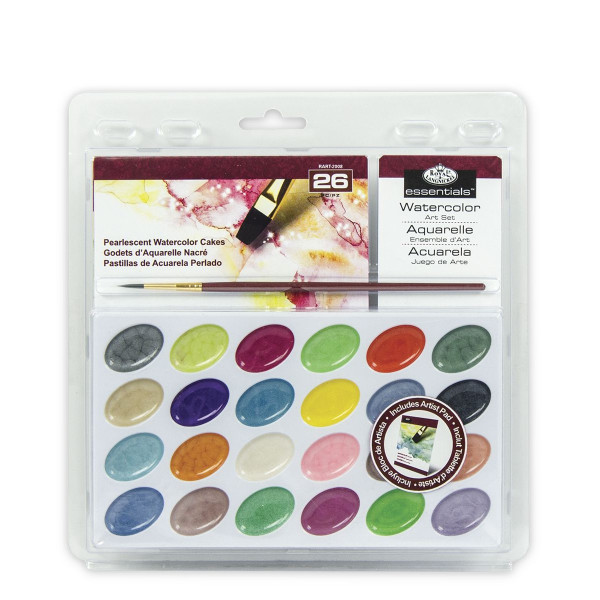 Gyöngyházfényű akvarell festékkészlet ecsettel és akvarell tömbbel - Gombos akvarellkészlet áttetsző csomagolásban - 24 színű készlet