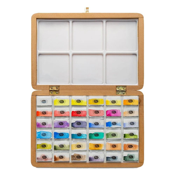 Akvarell művészkészlet, szilkés - Krzysztof Ludwin válogatás elegáns fadobozban, 36 színű - Roman Szmal Aquarius