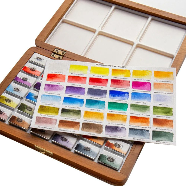 Akvarell művészkészlet, szilkés - Krzysztof Ludwin válogatás elegáns fadobozban, 36 színű - Roman Szmal Aquarius
